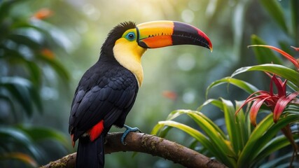 Fototapeta premium Vibrant toucan perched on a branch amidst lush tropical foliage, sunlight filtering through leaves