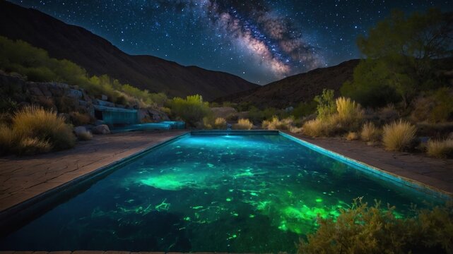 Night sky filled with stars over a glowing pool surrounded by mountains and desert vegetation