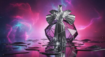 Obraz premium High-fashion metallic garment draped over a crystalline geometric structure amidst a surreal pink nebula and reflective liquid mercury pools, structure, surreal, stillness