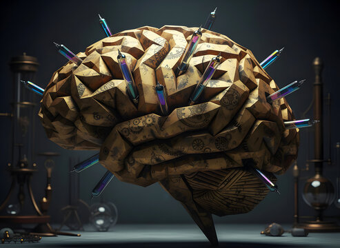 Steampunk Brain Model With Vials Inserted, Representing Scientific Research, Innovation, And Complex Ideas In A Vintage Laboratory Setting