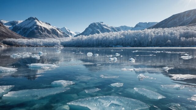 Serene winter landscape showcasing icy lake with floating ice fragments and snow-covered mountains