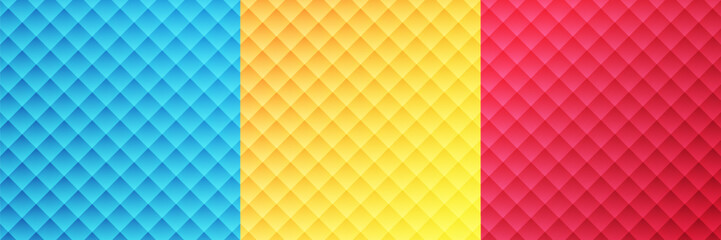 Fototapeta premium Vibrant Abstract Geometric Diamond Pattern Set. Colorful Quilted Texture Background in Yellow, Cyan Blue, and Magenta Pink