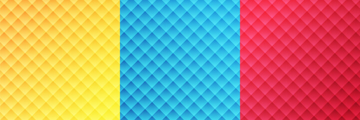 Naklejka premium Vibrant Abstract Geometric Diamond Pattern Set. Colorful Quilted Texture Background in Yellow, Cyan Blue, and Magenta Pink