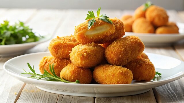 A photo of crispy deepfried croquettes stacked neatly on a pristine white plate, each goldenbrown exterior contrasting with the stark whiteness of t