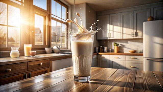 A photo of a dynamic protein shake pouring into a clear glass, creating a swirling vortex that reflects the bright and white powder inside, with a smo