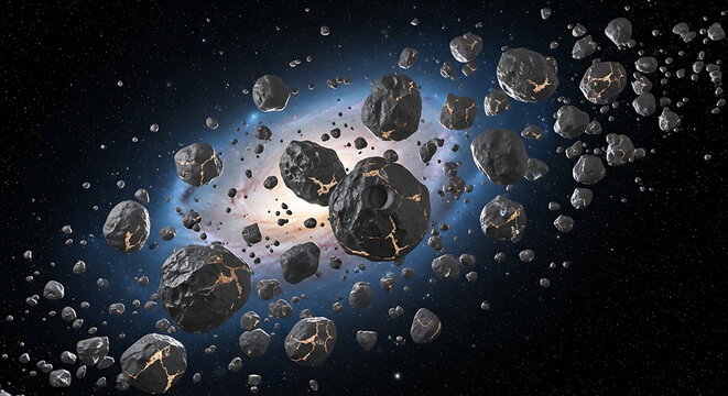 Asteroid field and shattered planet cosmic debris on transparent background high quality