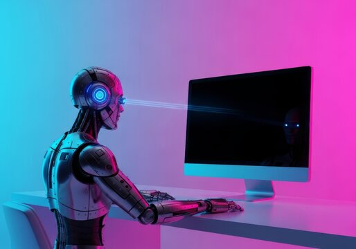 A metallic humanoid machine sits motionless at a minimalist desk, its glowing optics fixed upon the deep black surface of a deactivated monitor, hardware, metal, monitor
