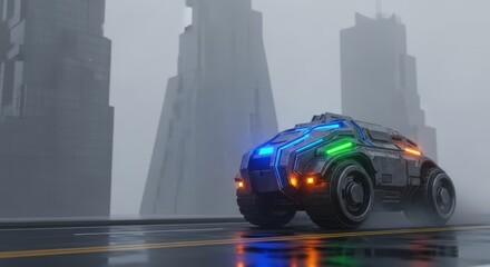 Obraz premium A heavy metallic machine moves slowly through a dense grey fog on a quiet urban street surrounded by the shadows of towering skyscrapers, shadow, machine, urban