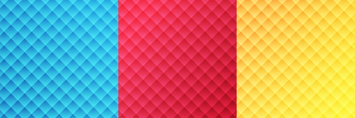 Naklejka premium Vibrant Abstract Geometric Diamond Pattern Set. Colorful Quilted Texture Background in Yellow, Cyan Blue, and Magenta Pink