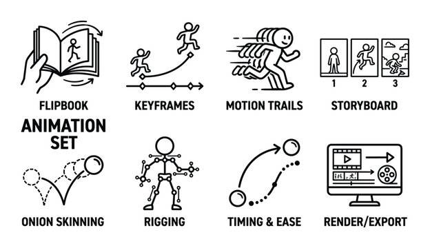 Animation set icons for flipbook keyframes motion trails storyboard onion skinning rigging timing ease render export.