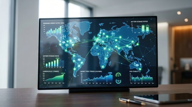 Renewable energy output dashboard on monitor screen showing global map with battery storage status, carbon offset charts, grid stability data, and market price trends for
