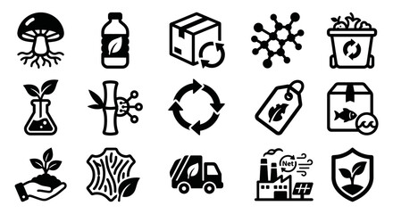 Obraz premium Vector icon set for sustainable materials, bio-packaging, and circular economy platforms. Bold rounded outline style for eco-friendly product dashboards, green manufacturing software