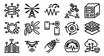 Fototapeta premium Vector icon set for edge computing, 6G telecommunications, and high-speed connectivity platforms. Bold rounded outline style for network architecture dashboards, telecommunications software, and next
