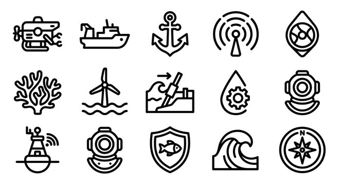 Vector icon set for blue technology, marine research, and ocean conservation platforms. Bold rounded outline style for maritime dashboards, oceanography software, and environmental UI/UX. Professional