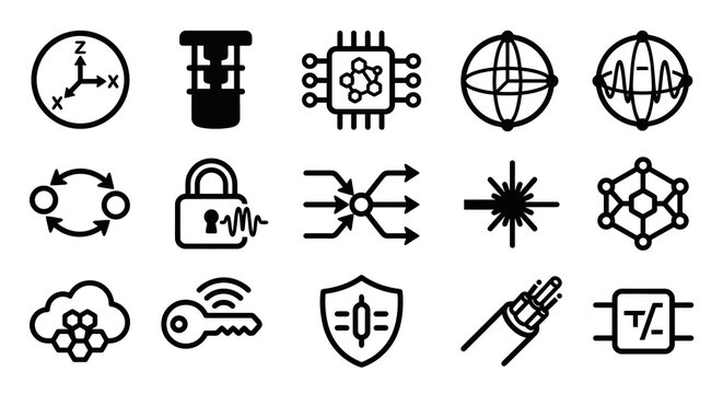 Vector icon set for quantum computing, post-quantum cryptography, and advanced data security platforms. Bold rounded outline style for supercomputing dashboards, cybersecurity software, and deep-tech 