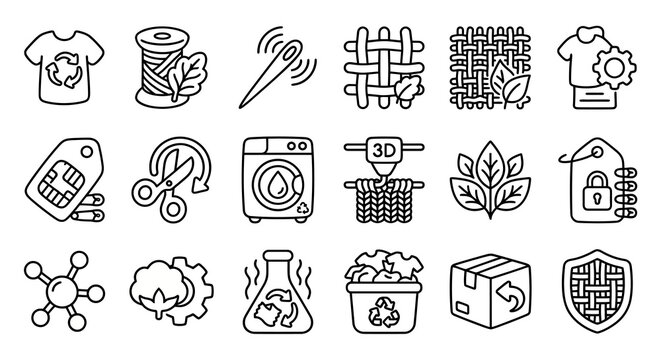 Vector icon set for circular fashion, textile recycling, and sustainable apparel technology platforms. Bold rounded outline style for eco-fashion dashboards, supply chain transparency software
