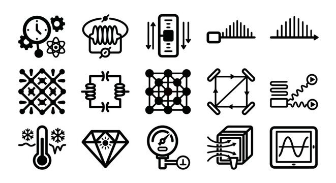 Vector icon set for quantum sensors, precision metrology, and advanced physics research platforms. Bold rounded outline style for deep-tech dashboards, scientific measurement software, and laboratory 