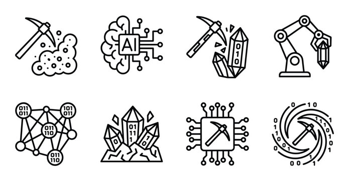 Digital data mining vector icons showing pickaxe artificial intelligence crystals and neural network.
