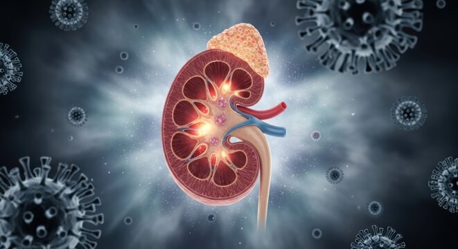 Illuminated kidney surrounded by viruses in a dark space