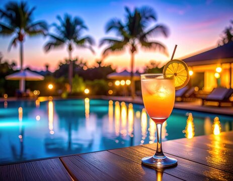 Elegant tropical resort poolside scene at sunset featu lounge chairs palm trees and a refreshing cocktail in a glass with lemon slice