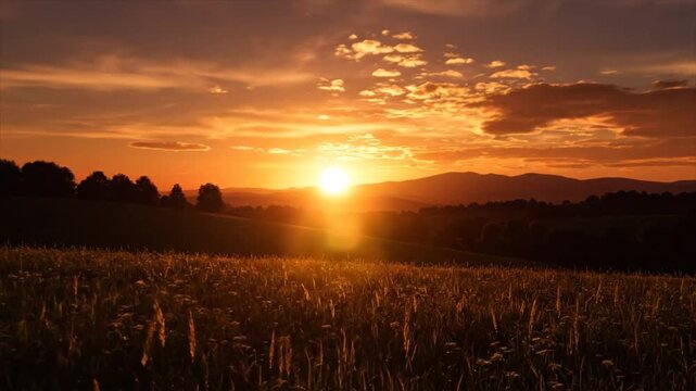 Time-lapse of a golden sunset over a serene field, gradually transforming the sky into fiery hues as the sun disappears