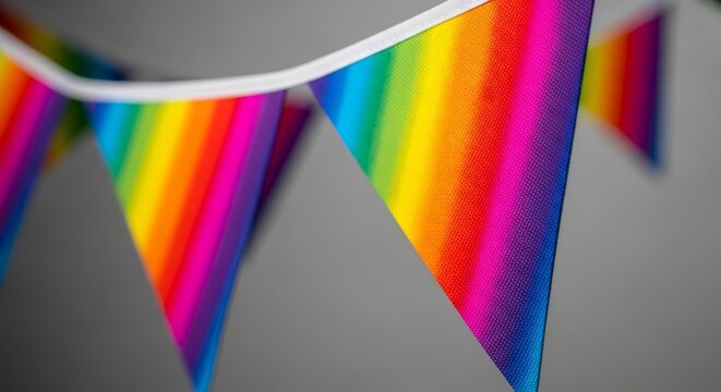 A macro view of festive bunting flags where one vibrant banner stands out against a desaturated grey background, highlighting fabric texture, minimalist, triangular, creative