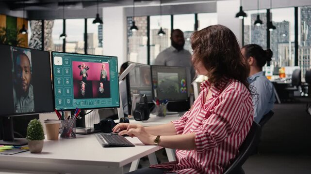 Female agency worker ensuring post production with AI generative software for photo editing content, collaborating with text to image prompts to generate visuals and prepare graphic materials.