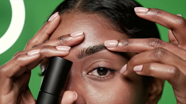 Close up portrait of a woman of African descent applying makeup with a black wand on her eyebrows and eye area