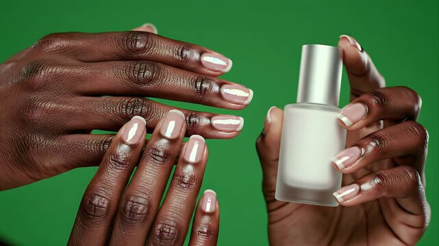 Elegant Black Hands Displaying Pristine French Manicure Holding a White Nail Polish Bottle Isolated on Green Screen
