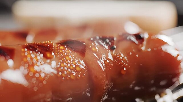 Closeup of delicious glazed sausage with white sauce and onions.