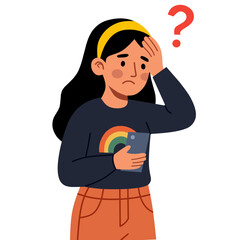 Obraz premium Cartoon confused girl holding smartphone question mark flat design vector illustration