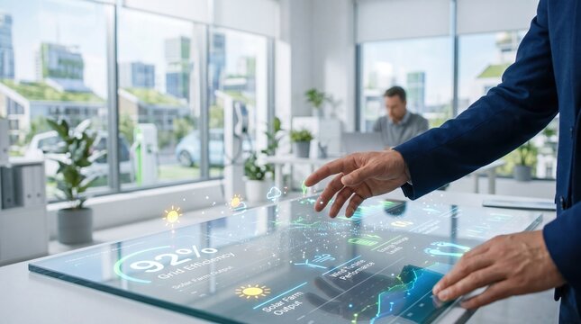Businessman interacting with futuristic holographic interface showing grid efficiency and solar output, smart energy management, innovation and future technology concept.