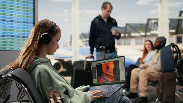 Software engineer creating gaming assets for video game in the airport lounge, remote development work for futuristic spatial design. Digital nomad location independent, global mobility.