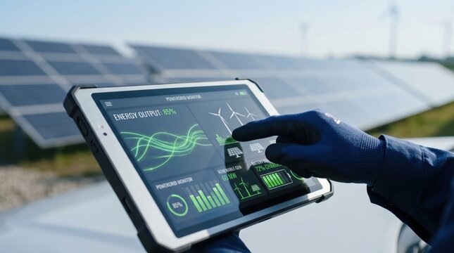 Solar energy monitoring system, technician using rugged tablet to check power output graphs and battery status at renewable energy farm with photovoltaic panels and wind turbines