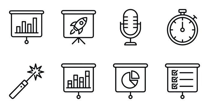 Bar chart presentation, rocket board, microphone, stopwatch, laser pointer, pie chart, checklist board.