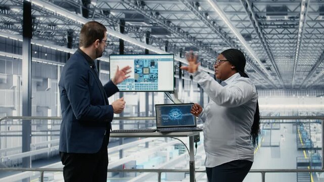 Developing microchip electronics, AI deep learning tech and employees in factory. Using neural network technology, laptop and researchers optimizing semiconductor design, camera A