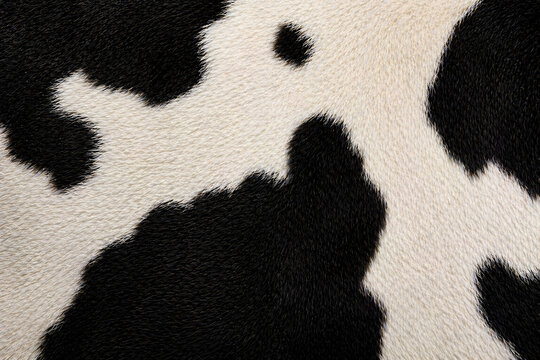 Close-up texture of black and white cowhide pattern with detailed fur