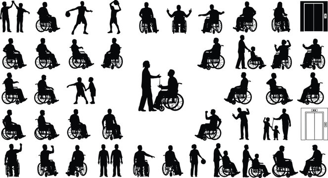Wheelchair User and Disabled Person Silhouette Vector Set with Accessibility Caregiver Child and Elevator Interaction Poses