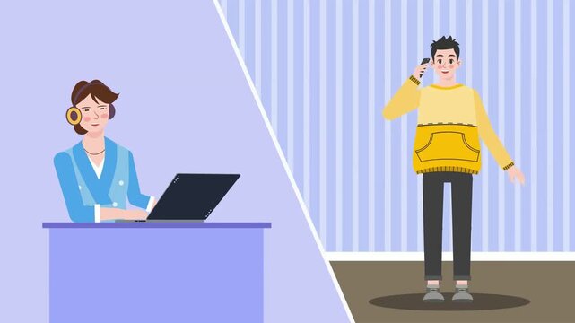 A cartoon illustration of a professional businesswoman sitting at an office desk working on a laptop computer with modern technology