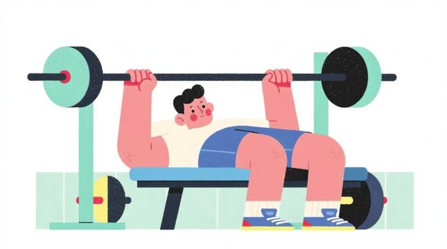 Athletic man performing heavy bench press workout in this expressive flat 2d animation video demonstrating strength training technique with a barbell motion clip