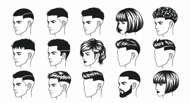 Modern Male and Female Haircut Profile Silhouette Set
