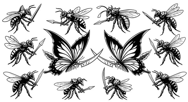 Fantasy Insect Warriors Bees and Butterflies with Swords
