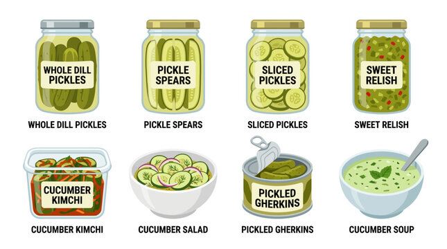 Various types of pickled and fresh cucumber products in jars and bowls