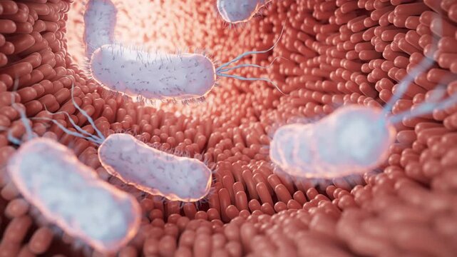 Fleshy intestinal canal lined with germs inside, 3d rendering.