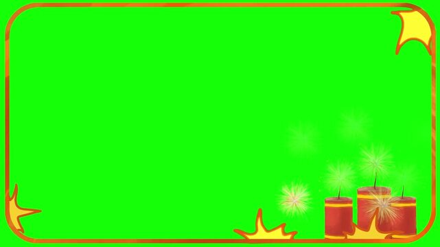 Animated festive fireworks and firecrackers explode with golden decorative borders on a vibrant green screen background perfect for celebrations and special events