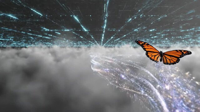 A monarch butterfly flies through a digital, futuristic, cloudy sky with vibrant lights