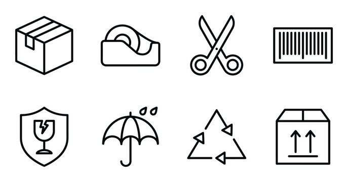 Packing and shipping supplies icons like box tape scissors barcode fragile umbrella recycle.