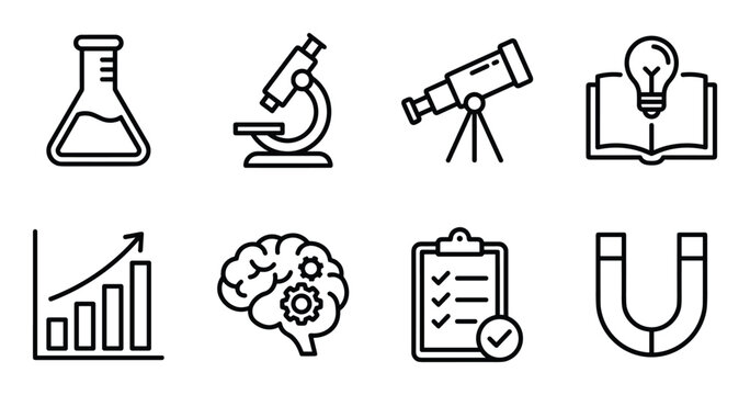 Science and research icons set laboratory equipment and research symbols.