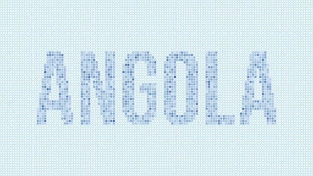 Angola dotted map animation. Digital style shape of the country. Angola shape and title dots appear with bulb flickering effect. Intro, outro, logo, title video.