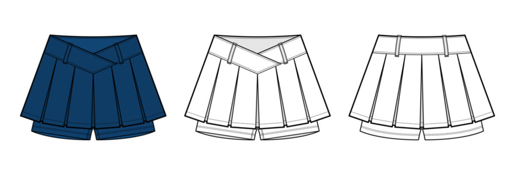 Pleated V-Waistband Micro Skort Technical Sketch - Tennis Skirt with Built-In Shorts Technical Flat Vector template.